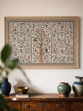 The Anant Madhubani wall art (horizontal) framed and hung above a wooden console table styled with ceramic vases and a brass bowl, showing the tree of life design with peacocks and small birds.