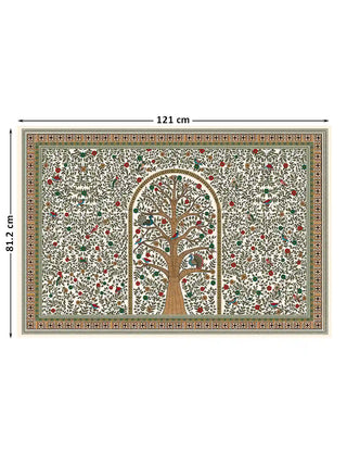 The Anant Madhubani wall art (horizontal) in the large size, 121 by 81.2 centimetres, showing full dimensions of the tree of life design with peacocks and a geometric border.