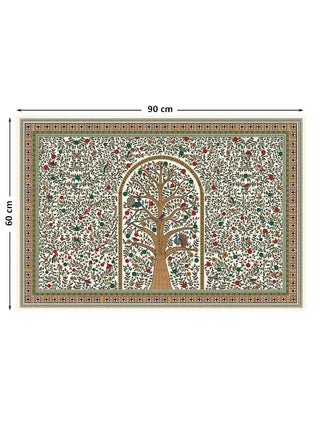 The Anant Madhubani wall art (horizontal) in the medium size, 90 by 60 centimetres, showing full dimensions of the tree of life design with peacocks and a geometric border.
