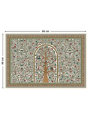 The Anant Madhubani wall art (horizontal) in the small size, 66 by 44 centimetres, showing full dimensions of the tree of life design with peacocks and a geometric border.