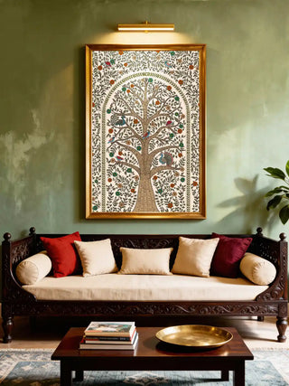 A framed Anant Madhubani piece displayed on an olive green wall above a hand-carved wooden desk in a luxury study.