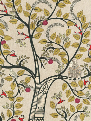 A detailed close-up of the Anant Vriksha art highlighting the intricate line-work on the monkeys and the pomegranate-like fruits.