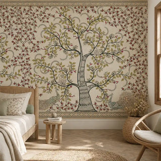 Anant Vriksha Tree of Life kalamkari wallpaper in beige with peacocks and a pomegranate canopy behind a light wooden bed with a round side table in a bedroom