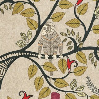 Close up of Anant Vriksha Tree of Life kalamkari wallpaper in beige showing the fine linework of a patterned monkey seated among ochre leaves and red buds