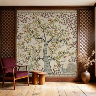 Anant Vriksha Tree of Life kalamkari wallpaper in beige set within dark wood lattice panelling behind a burgundy armchair and wooden stools