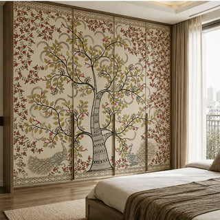 Anant Vriksha Tree of Life kalamkari wallpaper in beige applied across four sliding wardrobe panels beside a bed in a sunlit bedroom
