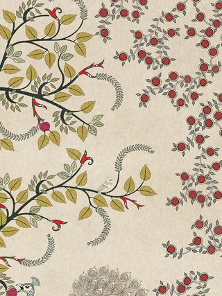 A detailed macro close-up of the Anant Vriksha wall art highlighting a songbird among branches with round fruit clusters.