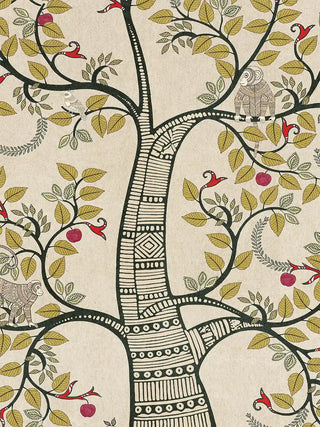 A detailed macro close-up of the Anant Vriksha wall art highlighting the hatch-filled tree trunk with a monkey and songbird perched on its branches.