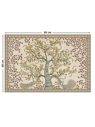 Full view of the Anant Vriksha wall art print at 90 cm by 60 cm, showing the complete Madhubani-style tree of life with peacocks.