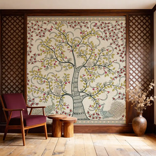 Anant Vriksha Madhubani mural framed by dark wood lattice in a sophisticated study with a burgundy velvet chair.