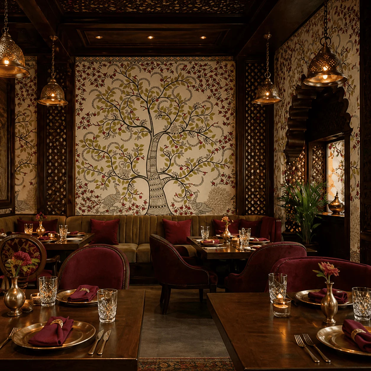 Anant Vriksha Kalamkari tree of life mural wallpaper at full restaurant wall scale