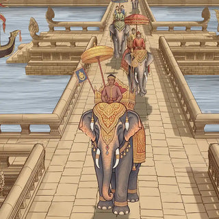 A detailed close-up of the Angkor Wat wallpaper highlighting the ceremonial elephant procession crossing the naga-balustraded causeway.