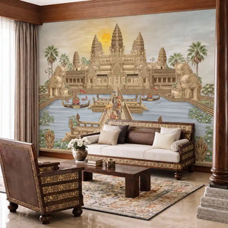 The Angkor Wat wallpaper mural in Gold & Sepia installed on a feature wall in a living room behind a carved wooden sofa and armchair. view-livingroom