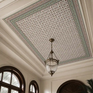 The Pera historical lattice wallpaper styled on a ceiling showcase around a vintage ribbed-glass globe pendant.
