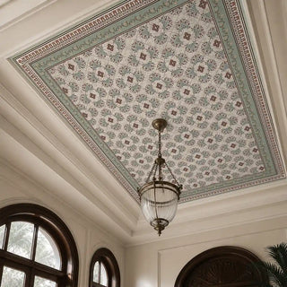 The Rumi historical lattice wallpaper styled on a ceiling showcase around a vintage ribbed-glass globe pendant.