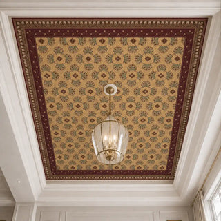The Rumi historical lattice wallpaper styled on a ceiling showcase around a vintage ribbed-glass globe pendant.