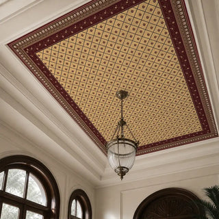 The Pera Maroon historical lattice wallpaper styled on a ceiling showcase around a vintage ribbed-glass globe pendant.