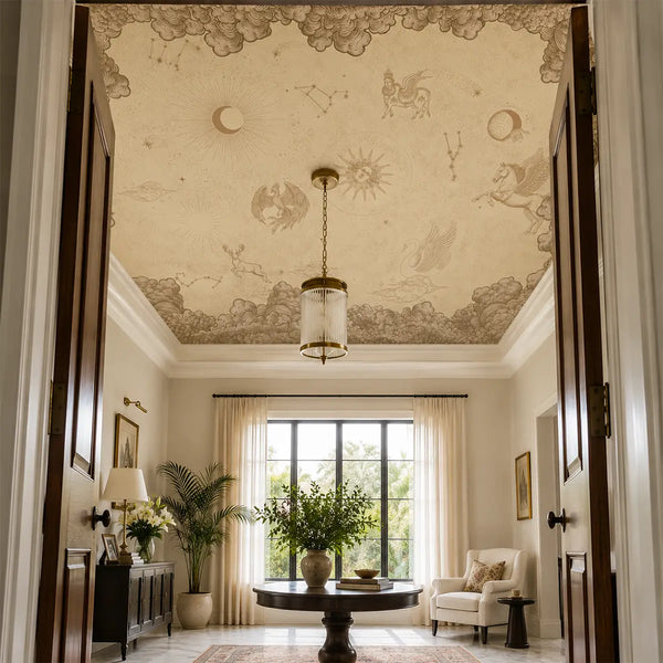 The Celestial Veil astronomical wallpaper styled on a high beige ceiling around a classic glass pendant light fixture