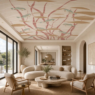 The Aqua Whispers coral and sage green abstract ocean ceiling wallpaper styled beautifully over an off-white modern bouclé sofa and travertine coffee table view-ceiling