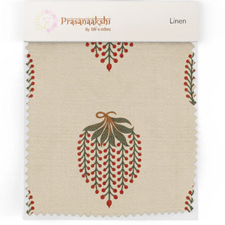 Close-up linen swatch of the Arang upholstery fabric in ivory berry, showing the cascading red berry and leaf motif on a herringbone weave.