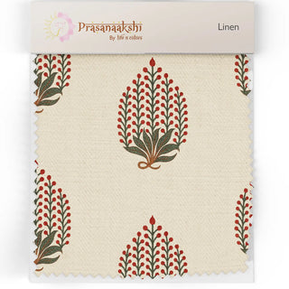 Fabric swatch of Arang Upholstery Fabric showing ivory linen base with intricate leaf-inspired prints.