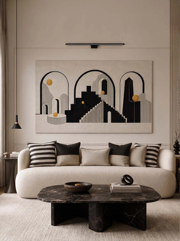 The Arches of Ascent large geometric canvas print styled as a main wall art piece above a modern white bouclé sofa.