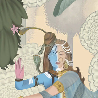 A detailed close-up of the Shiv Shakti mural highlighting the hand-painted Ardhanarishvara deity and floral textures.