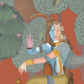 A detailed close-up highlighting the hand-painted Ardhanarishvara deity and the intricate jewelry textures.