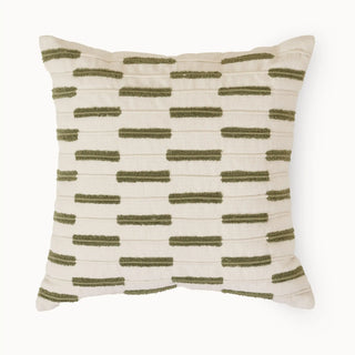 A top-down view of the Ari Garden cushion showcasing the full pattern of sage green tufted stripes on an ivory base.