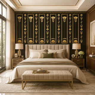 The Zellige Hall wallpaper styled as a dramatic, symmetrical headboard wall in a luxurious master bedroom suite view-bedroom