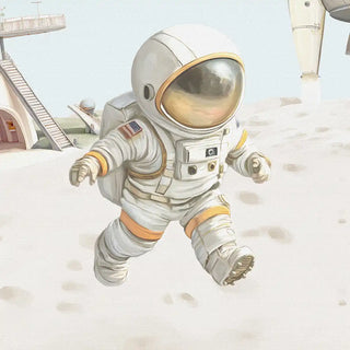 Close-up of hand-painted child astronaut on moon surface