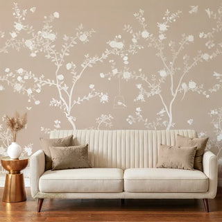 Aura in the Garden luxury floral Chinoiserie wallpaper in clay beige for premium interiors.