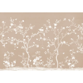 Detailed view of intricate bird and flower motifs on Aura in the Garden clay beige wallpaper