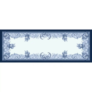 Rectangular view of the Aurelia Hall ceiling mural, showcasing the decorative framed design in blue and white.
