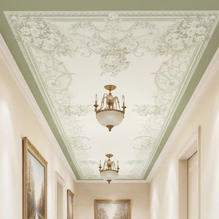 A luxury grand hallway featuring the Aurelia Hall sage ceiling mural styled with classic chandeliers and cream-colored walls.