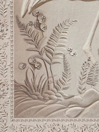 Close up detail of Sculpted Song poster showing the digital texture of white beads and sequins on the flamingo heads