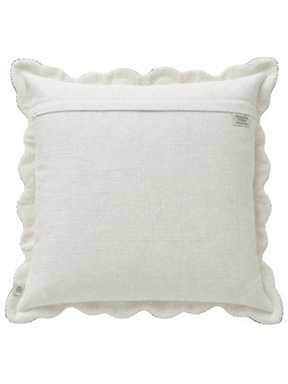 The back of the Avsar cushion cover: a plain ivory woven panel with an overlap seam and zip pull, a Made in India label, and a wavy scalloped flange edge.