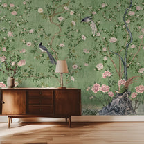 Rosa Chinoiserie, Green Color Room Wallpaper