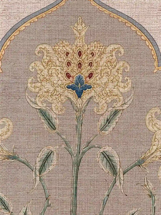 A macro textile view of the central hand-painted Mughal tree flower motif on the Bagh-e-Noor heritage framed artwork.