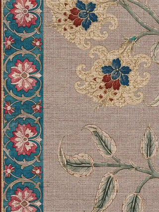 A high-resolution close-up detail of the Bagh-e-Noor canvas print showing the ornate turquoise and pink floral border next to the textured linen ground.