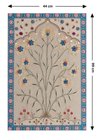 Full pattern view of the Bagh-e-Noor embroidered wall art in Ivory & Peacock Blue, shown at the 44 cm by 99 cm size.