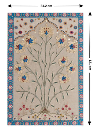 Full pattern view of the Bagh-e-Noor embroidered wall art in Ivory & Peacock Blue, shown at the 81.2 cm by 121 cm size.