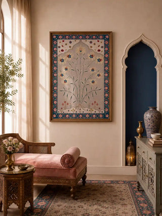 The Bagh-e-Noor large framed heritage canvas wall art styled seamlessly on a main accent wall inside a luxury traditional entryway foyer hall.
