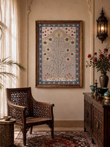 The Bagh-e-Noor custom framed canvas print creating a magnificent fine-art backdrop over a pink velvet chaise lounge chair in an elegant sitting room.