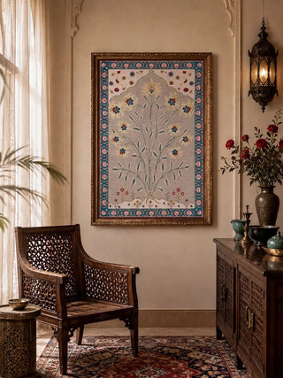 The Bagh-e-Noor custom framed canvas print creating a magnificent fine-art backdrop over a pink velvet chaise lounge chair in an elegant sitting room.