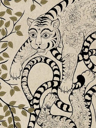 A detailed macro close-up of the Bagha Leela wall art highlighting the tiger's wide eyes, bold stripes and fine floral linework.