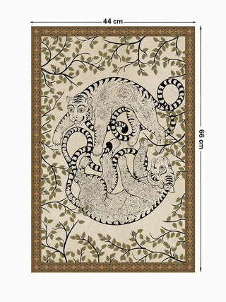 Full view of the Bagha Leela wall art in the 44 x 66 cm size, showing two tigers curled in a circle among olive leafy branches.