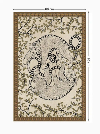 Full view of the Bagha Leela wall art in the 60 x 90 cm size, showing two tigers curled in a circle among olive leafy branches.