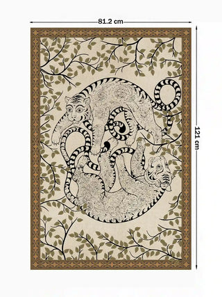 Full view of the Bagha Leela wall art in the 81.2 x 121 cm size, showing two tigers curled in a circle among olive leafy branches.
