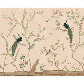 Chinoiserie wallpaper with peacocks, birds, and floral branches on a beige background